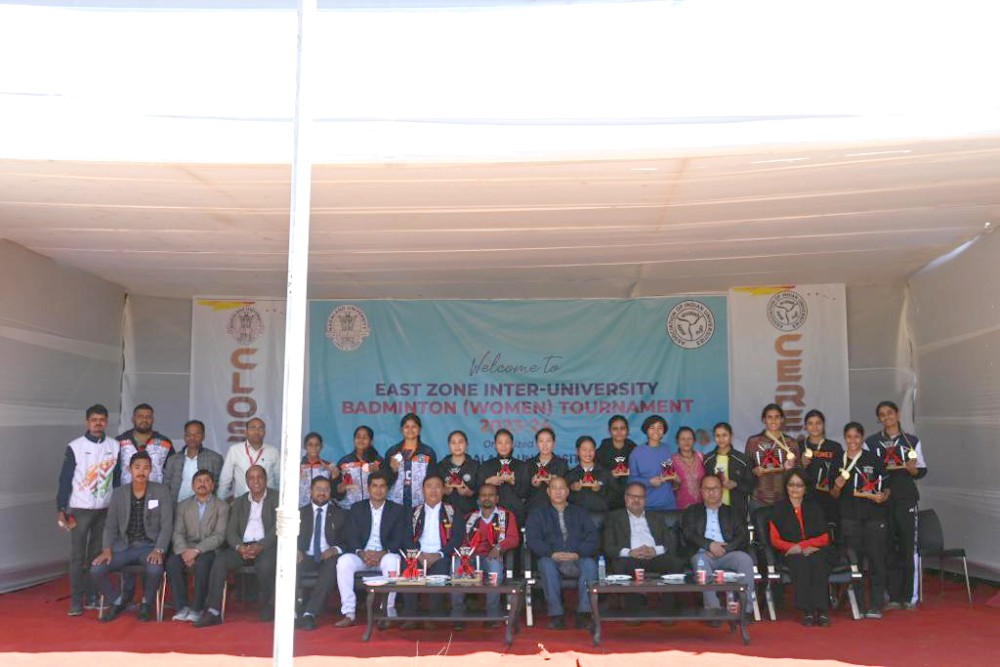 Dignitaries and participants of the closing ceremony of East Zone Inter University Badminton (Women) Tournament - 2023 observed at Nagaland University, HQRS. Lumami.
